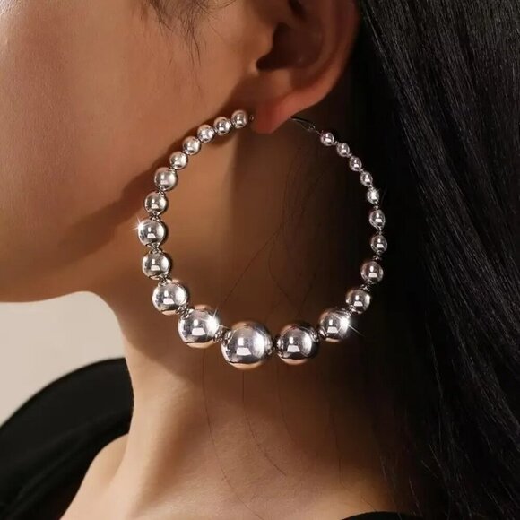 Elegant Silvertone Beaded Hoop Earrings – Classic Statement Jewelry - Picture 1 of 3